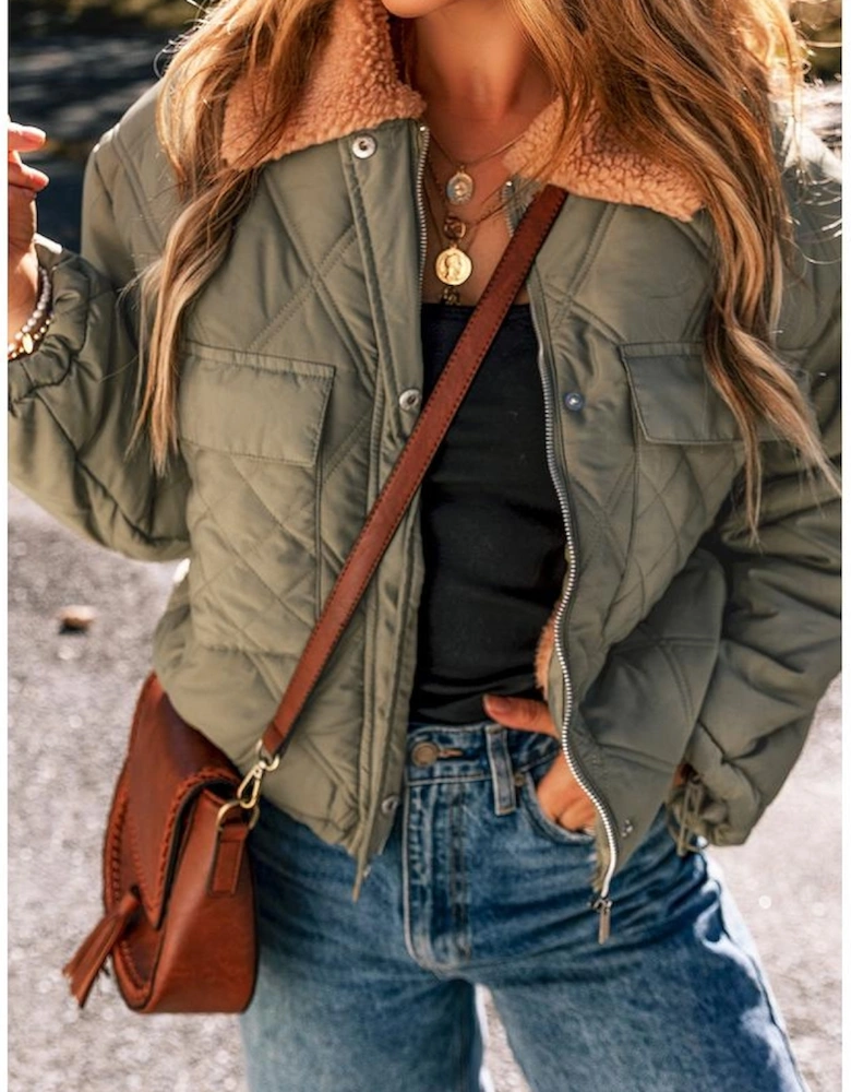 Jungle Green Teddy Collar Flap Pockets Quilted Puffer Jacket