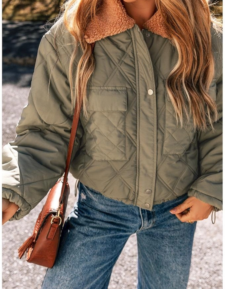 Jungle Green Teddy Collar Flap Pockets Quilted Puffer Jacket