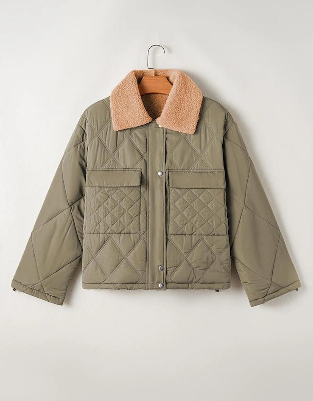 Jungle Green Teddy Collar Flap Pockets Quilted Puffer Jacket