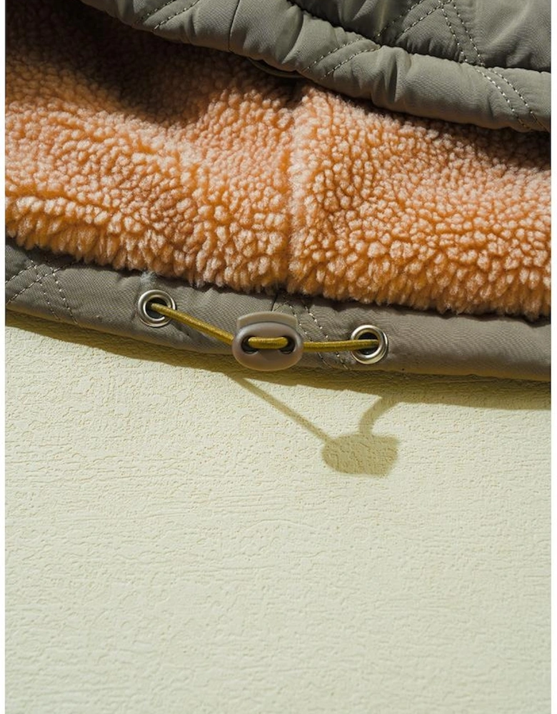 Jungle Green Teddy Collar Flap Pockets Quilted Puffer Jacket