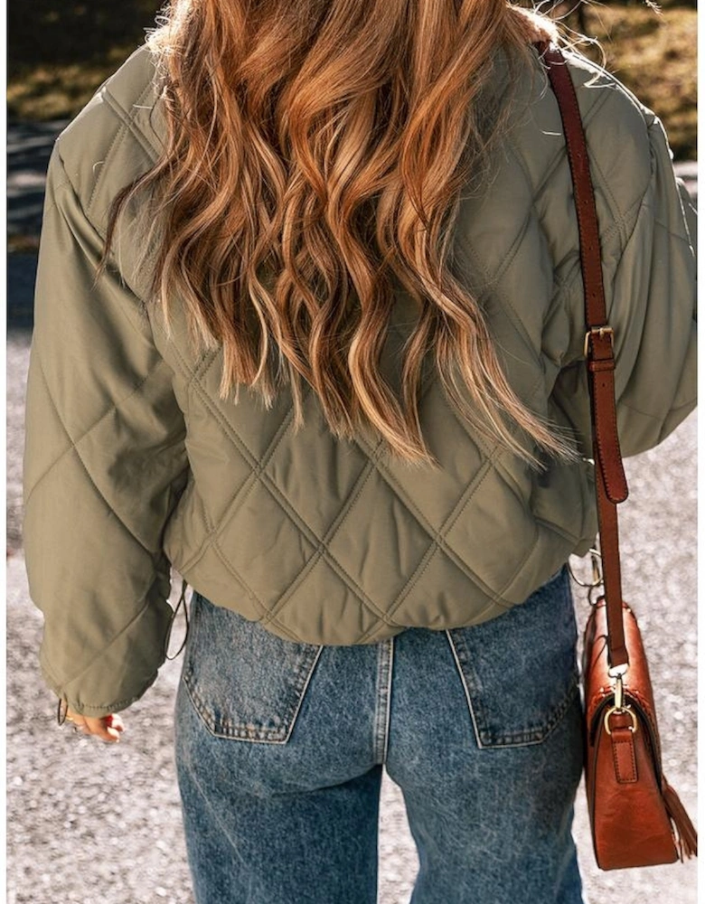 Jungle Green Teddy Collar Flap Pockets Quilted Puffer Jacket