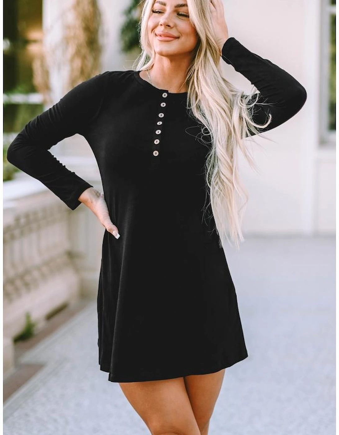Azura Exchange Black Solid Long Sleeve Henley Dress
