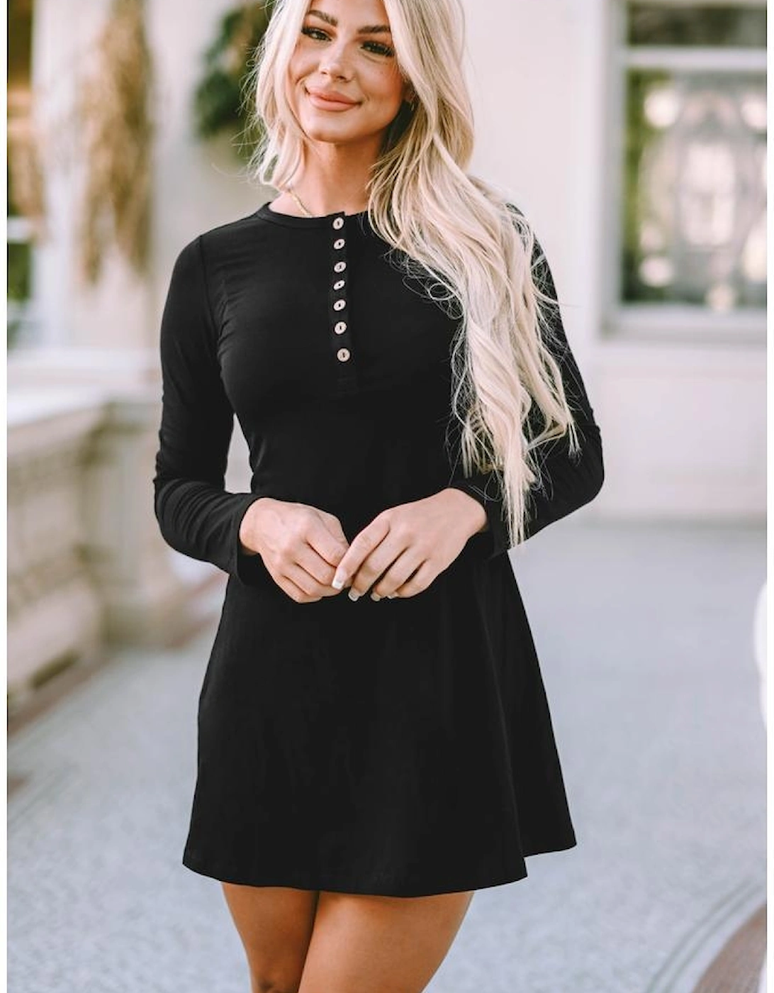 Azura Exchange Black Solid Long Sleeve Henley Dress, 8 of 7