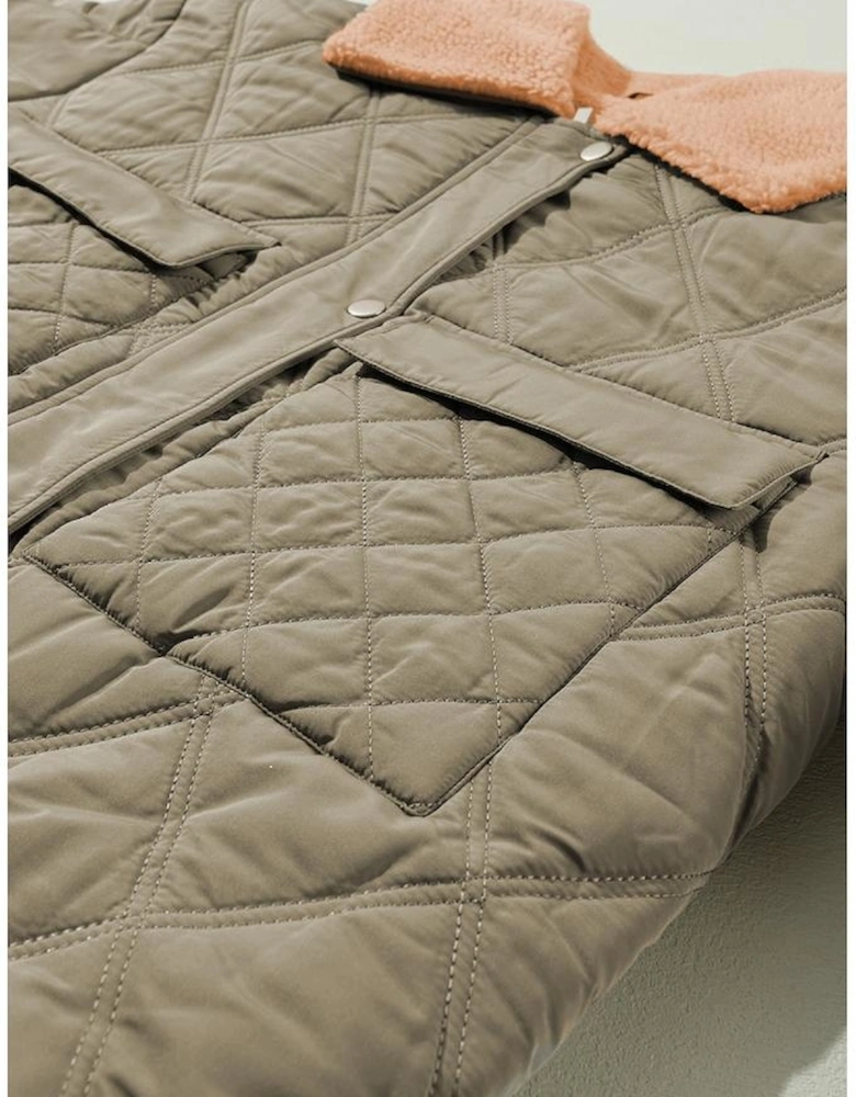Jungle Green Teddy Collar Flap Pockets Quilted Puffer Jacket