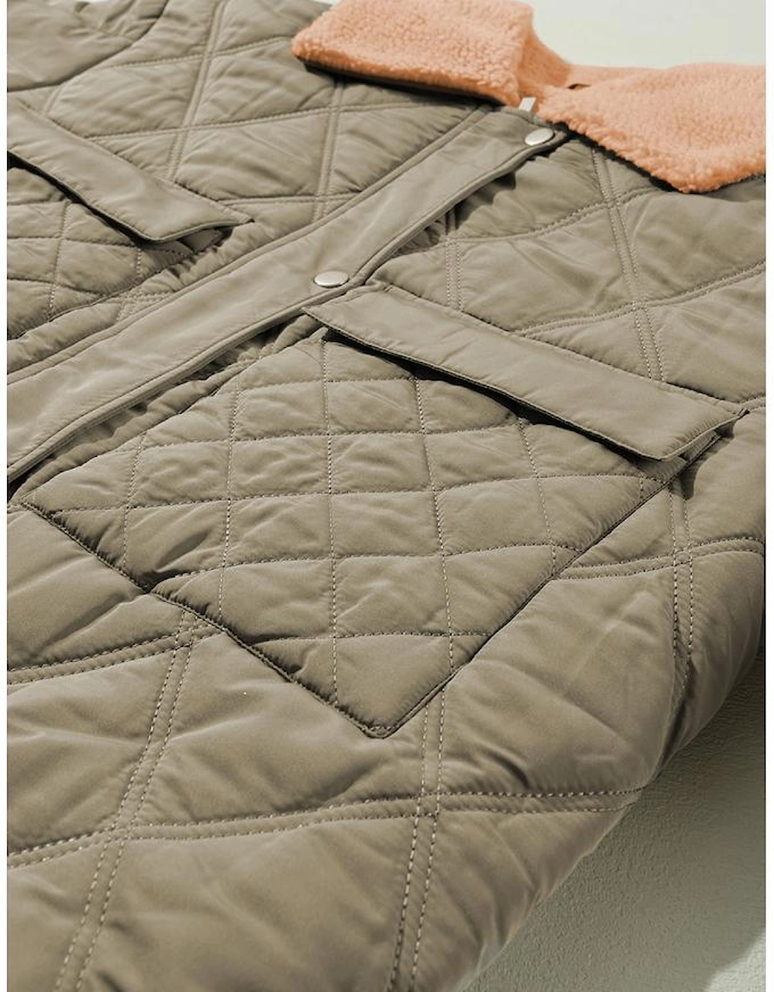 Jungle Green Teddy Collar Flap Pockets Quilted Puffer Jacket