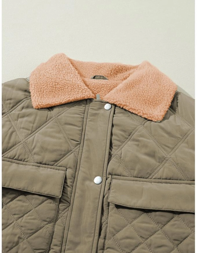 Jungle Green Teddy Collar Flap Pockets Quilted Puffer Jacket