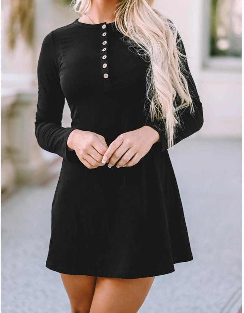Azura Exchange Black Solid Long Sleeve Henley Dress