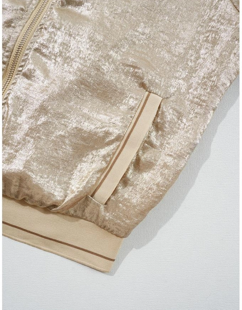 Pale Khaki Metallic Zip up Baseball Jacket