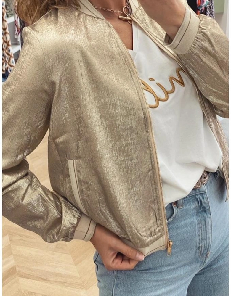 Pale Khaki Metallic Zip up Baseball Jacket
