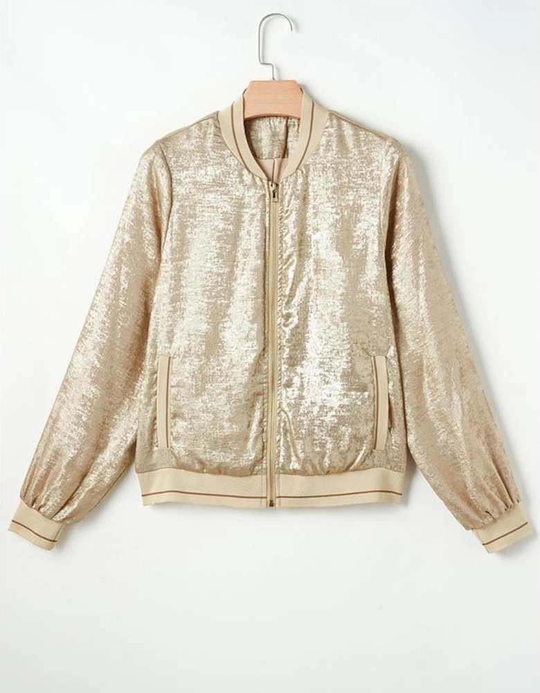 Pale Khaki Metallic Zip up Baseball Jacket