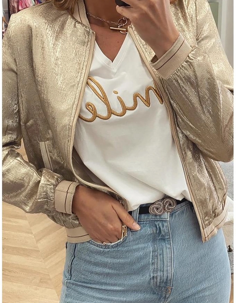 Pale Khaki Metallic Zip up Baseball Jacket