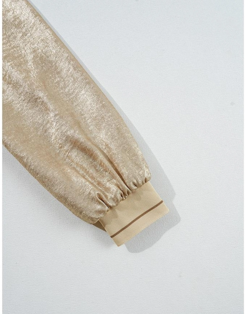 Pale Khaki Metallic Zip up Baseball Jacket