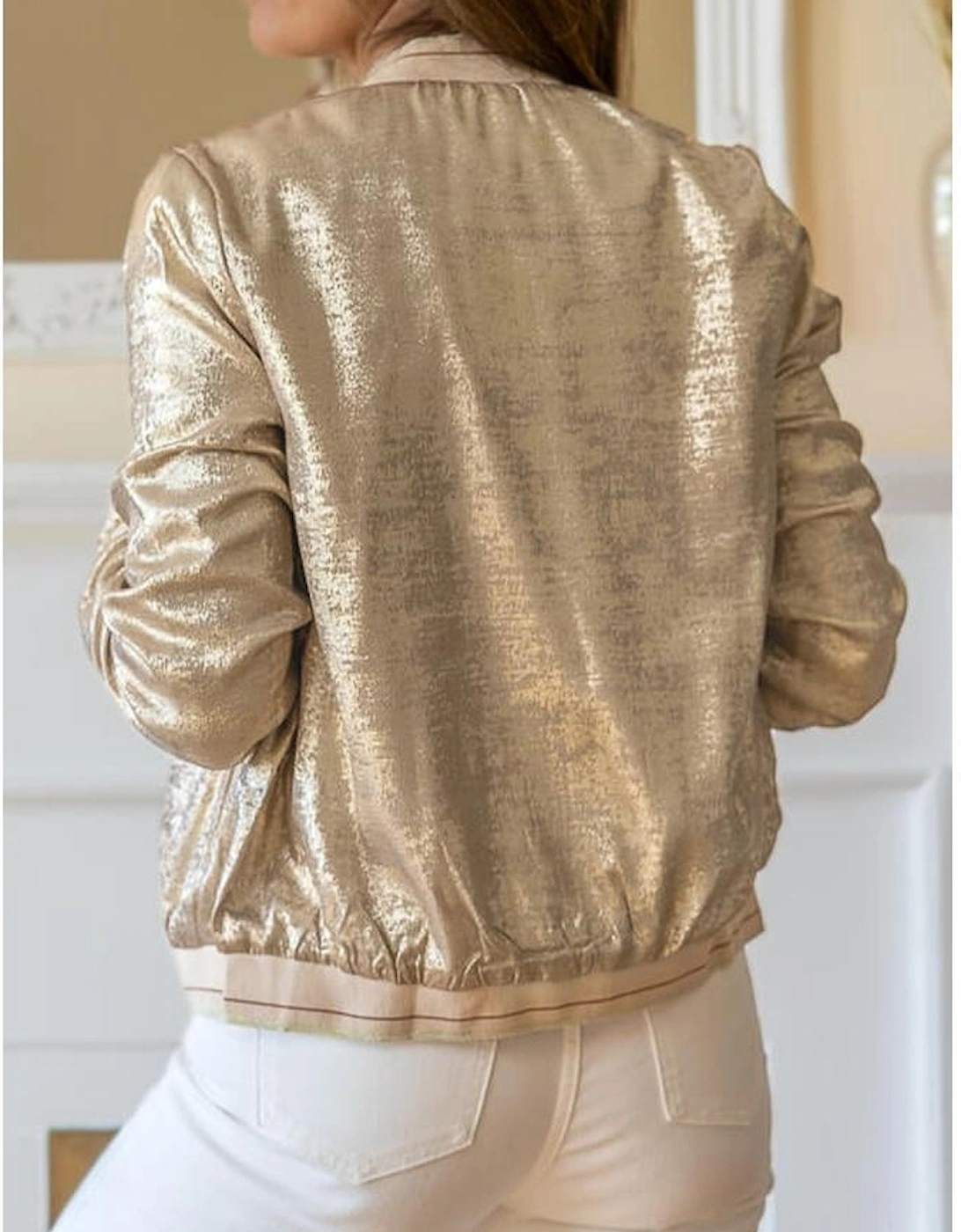 Pale Khaki Metallic Zip up Baseball Jacket