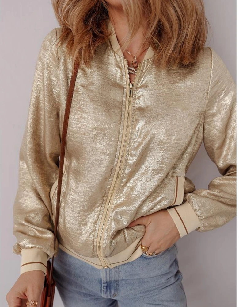 Pale Khaki Metallic Zip up Baseball Jacket