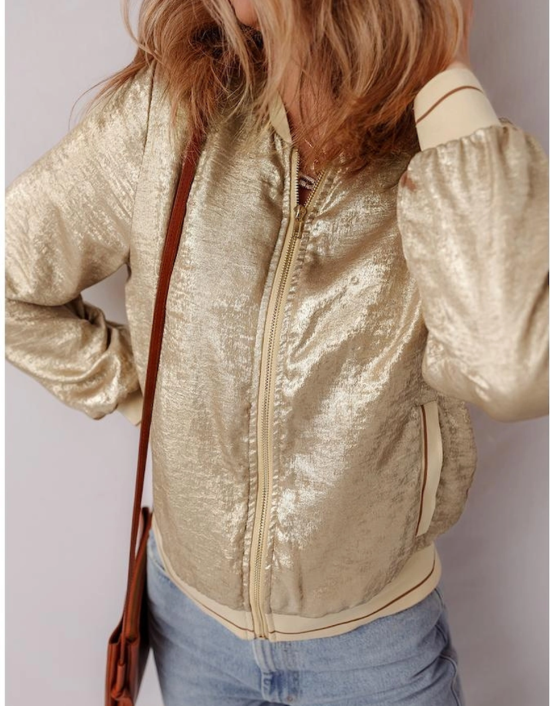 Pale Khaki Metallic Zip up Baseball Jacket