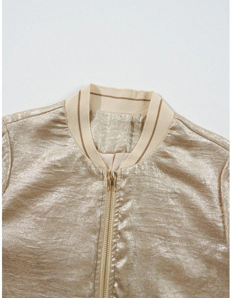 Pale Khaki Metallic Zip up Baseball Jacket
