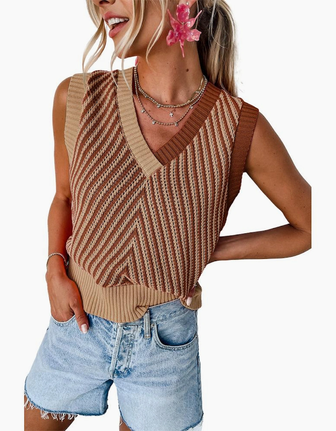 Light French Beige Contrast Chevron Knit V Neck Sweater Vest
