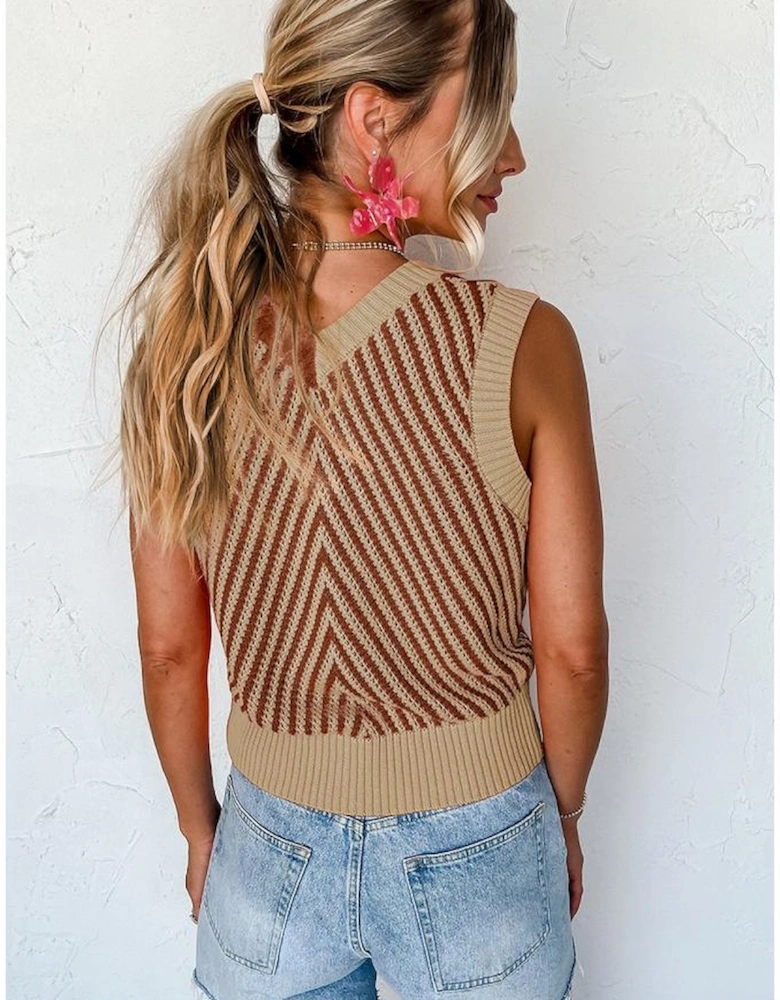Light French Beige Contrast Chevron Knit V Neck Sweater Vest