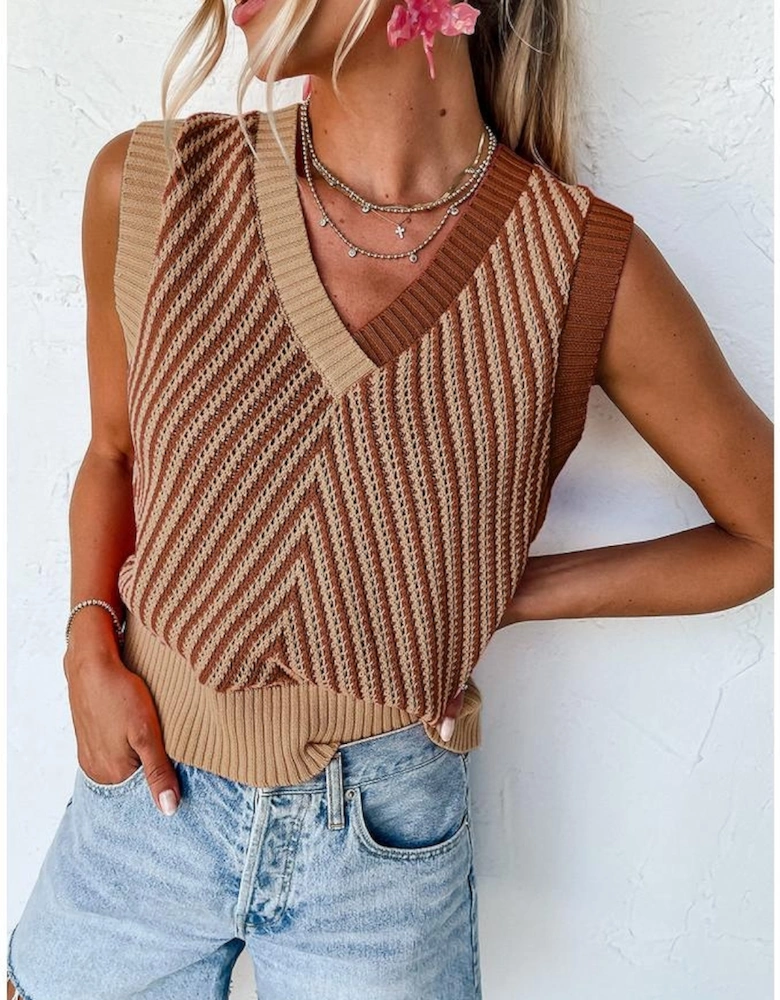 Light French Beige Contrast Chevron Knit V Neck Sweater Vest