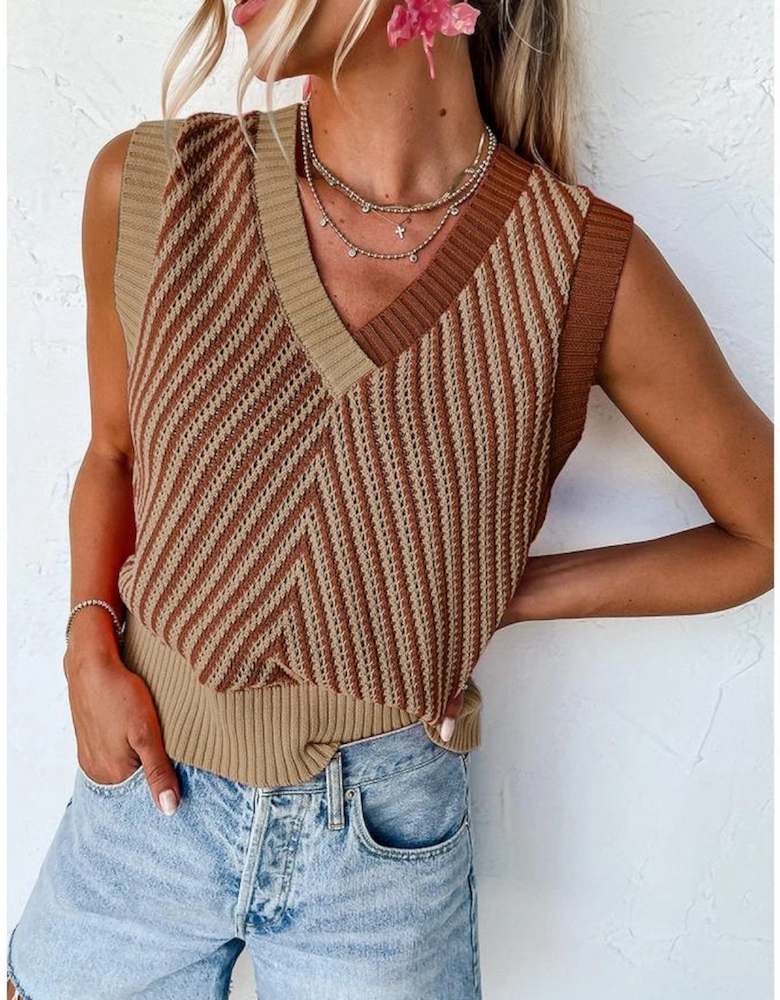 Light French Beige Contrast Chevron Knit V Neck Sweater Vest