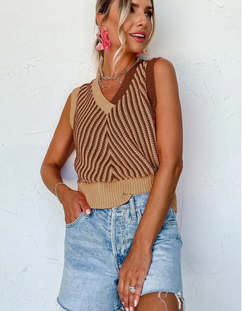 Light French Beige Contrast Chevron Knit V Neck Sweater Vest