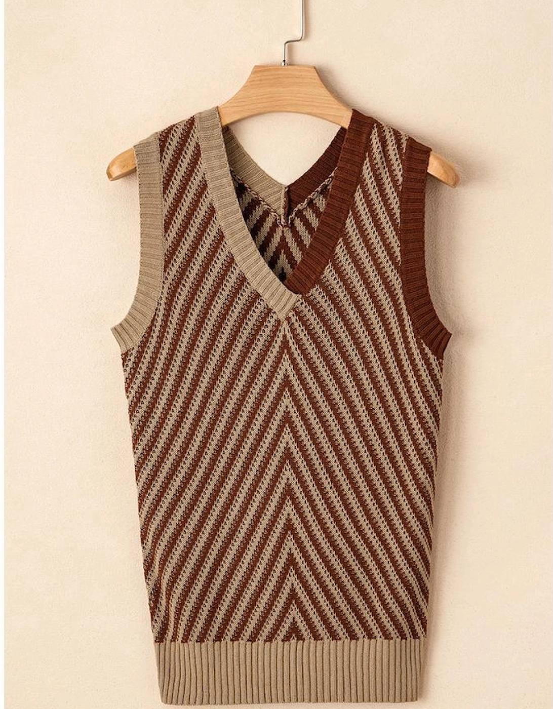 Light French Beige Contrast Chevron Knit V Neck Sweater Vest