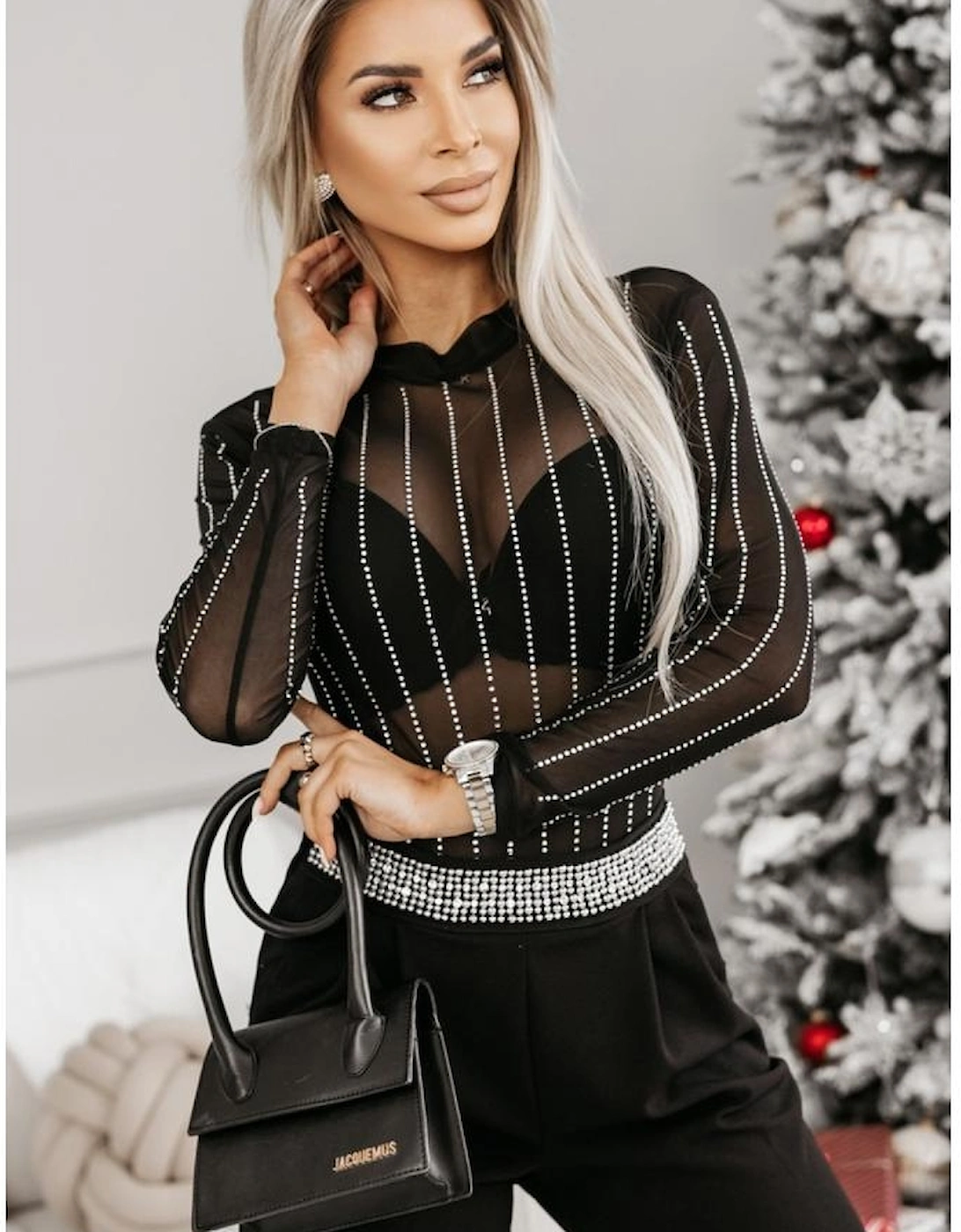 Black Rhinestone Decor Striped Mesh Long Sleeve Bodysuit