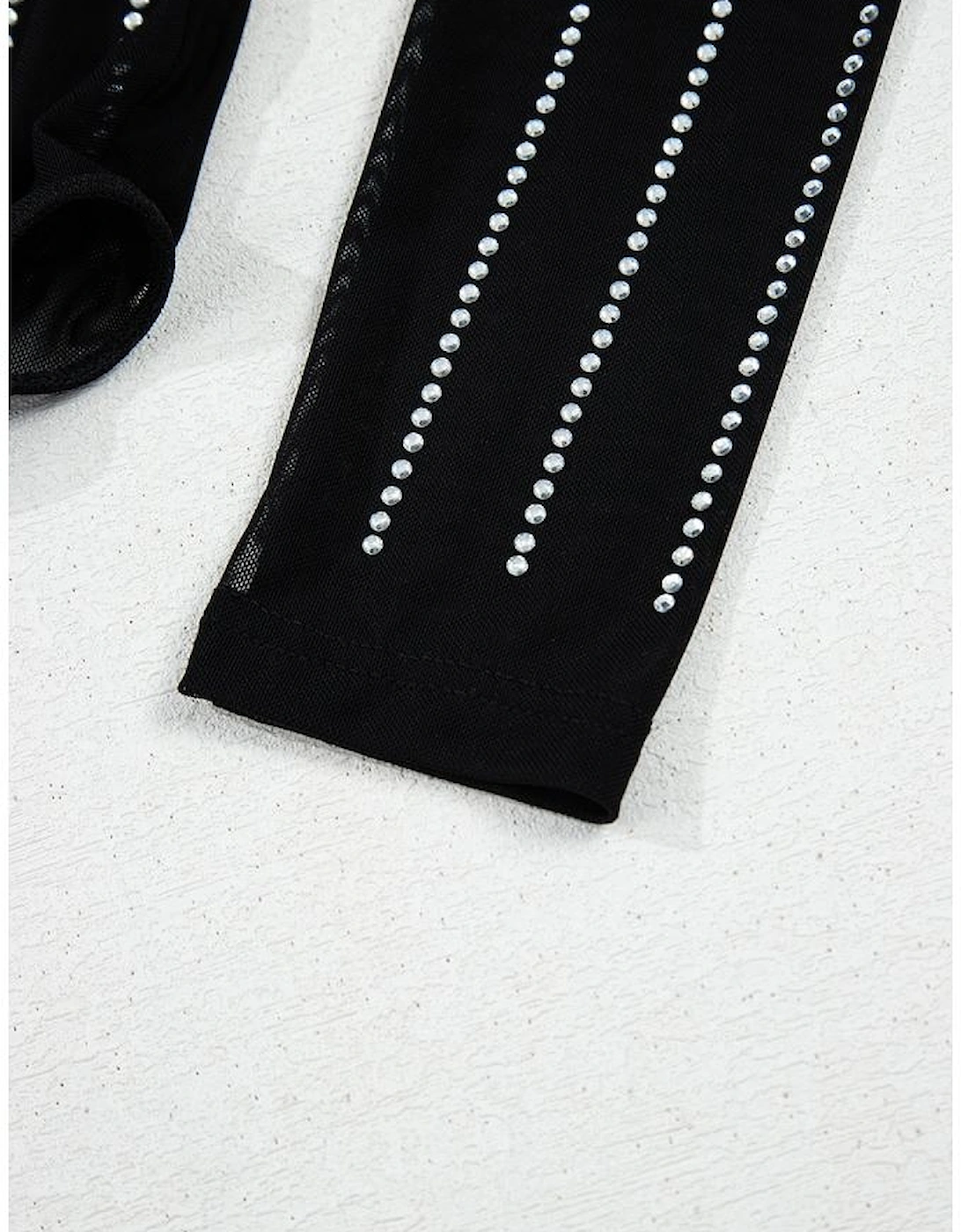 Black Rhinestone Decor Striped Mesh Long Sleeve Bodysuit