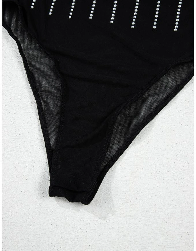 Black Rhinestone Decor Striped Mesh Long Sleeve Bodysuit