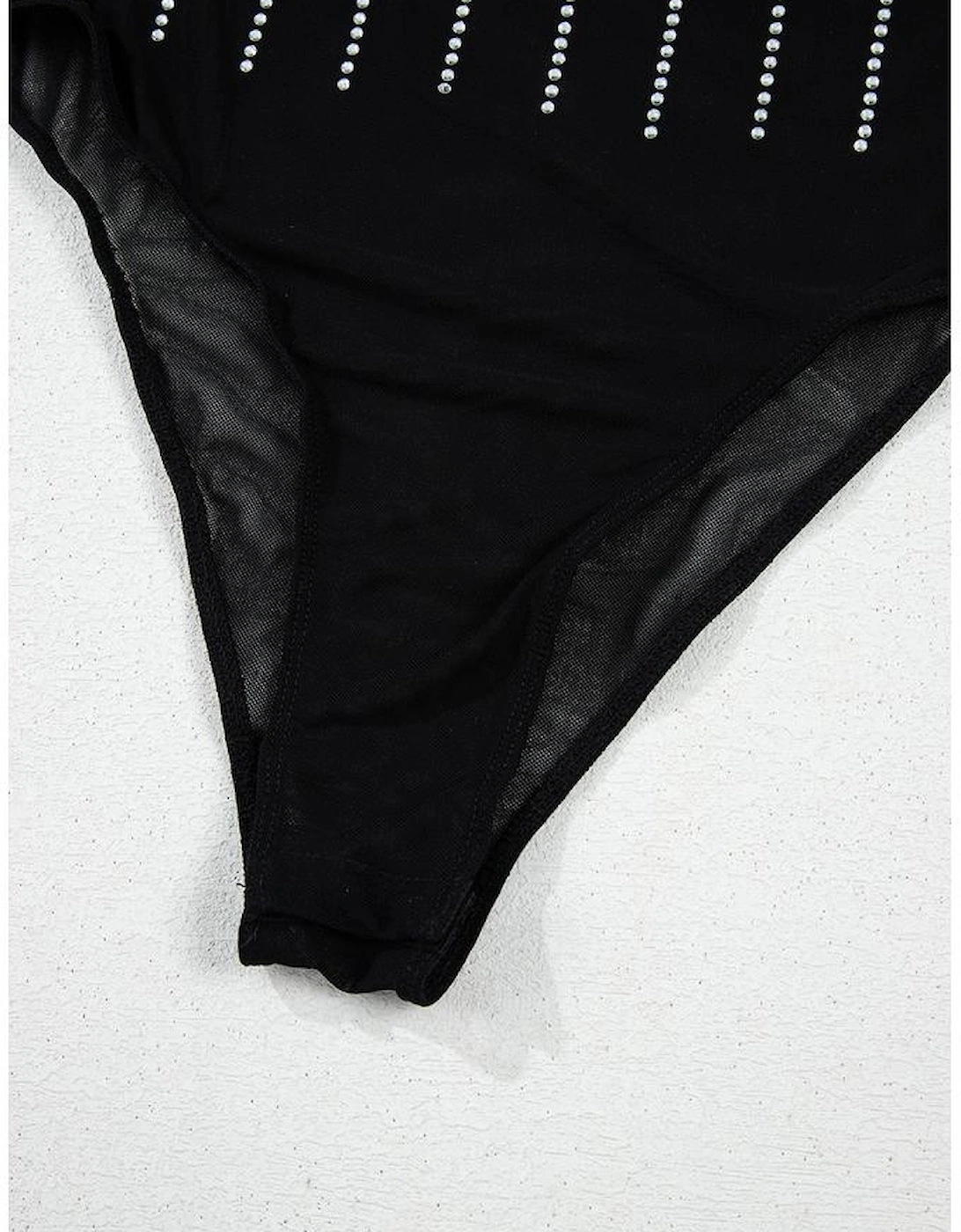 Black Rhinestone Decor Striped Mesh Long Sleeve Bodysuit