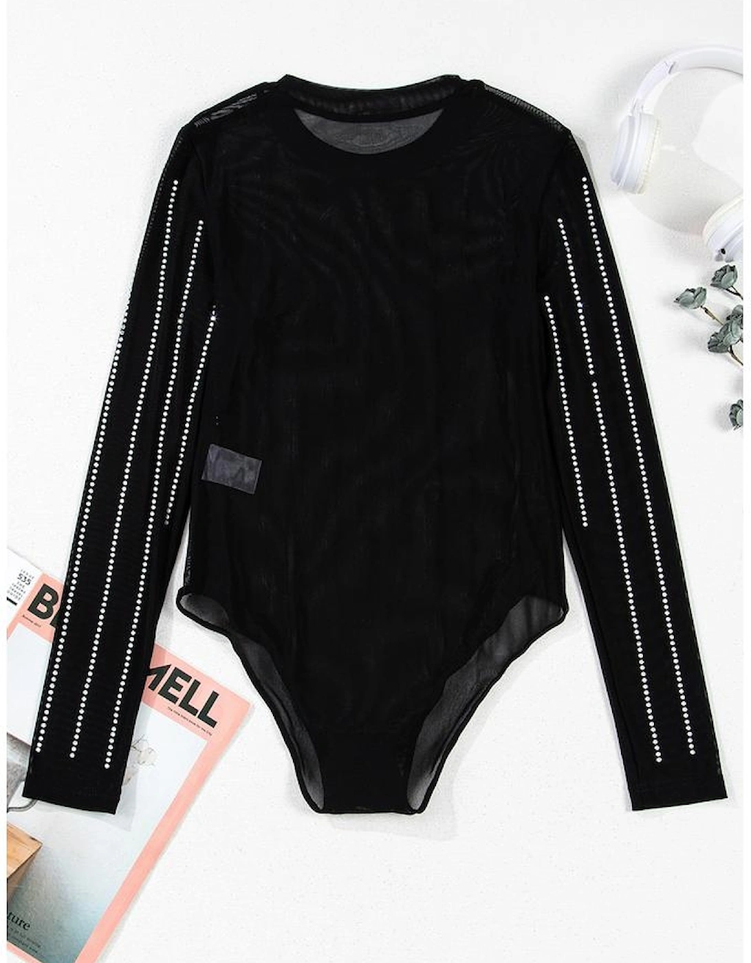 Black Rhinestone Decor Striped Mesh Long Sleeve Bodysuit