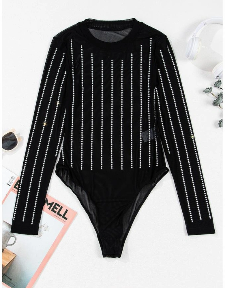 Black Rhinestone Decor Striped Mesh Long Sleeve Bodysuit