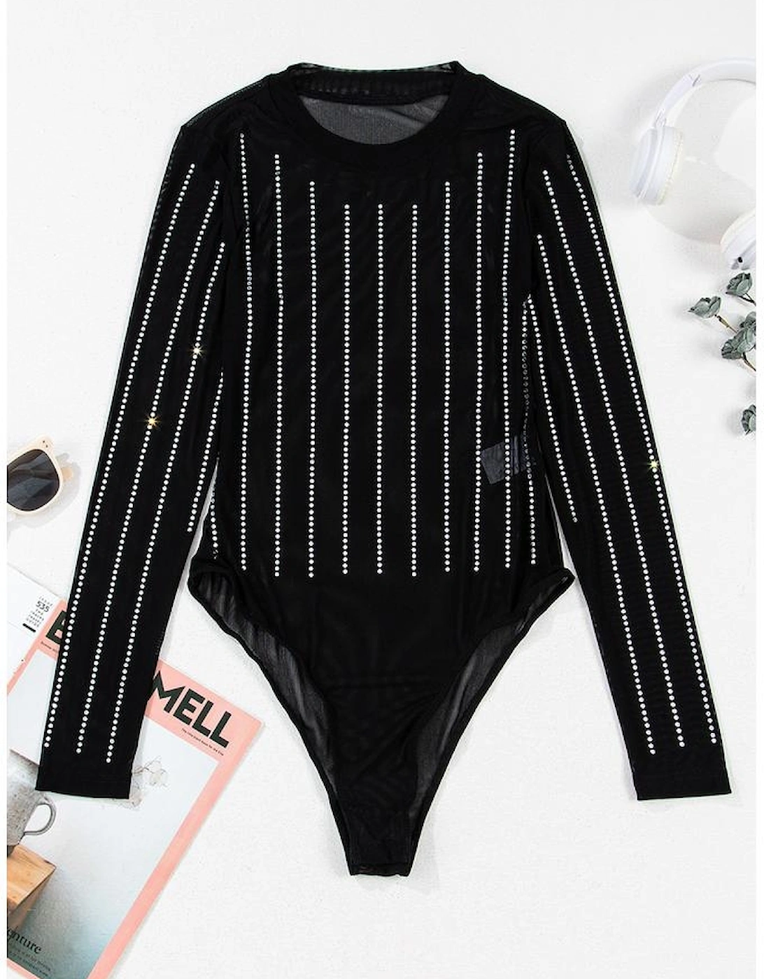 Black Rhinestone Decor Striped Mesh Long Sleeve Bodysuit