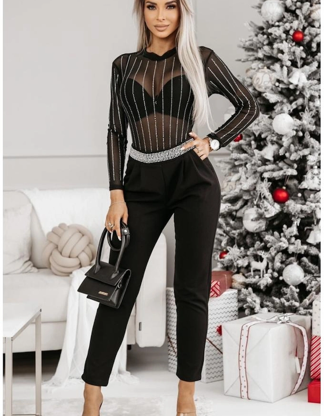 Black Rhinestone Decor Striped Mesh Long Sleeve Bodysuit