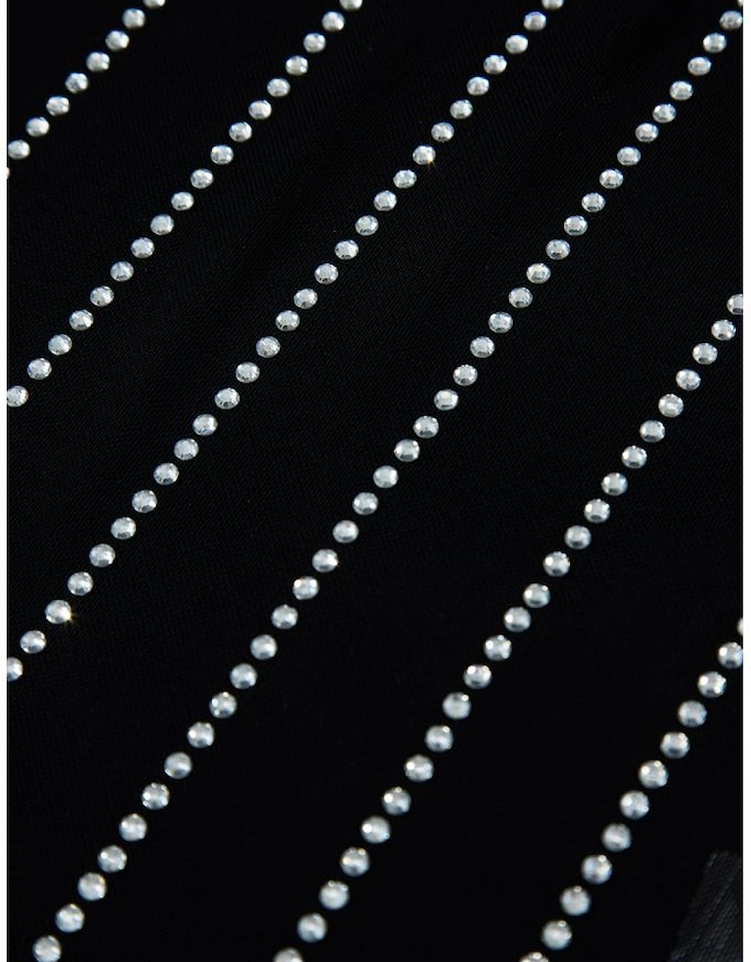 Black Rhinestone Decor Striped Mesh Long Sleeve Bodysuit