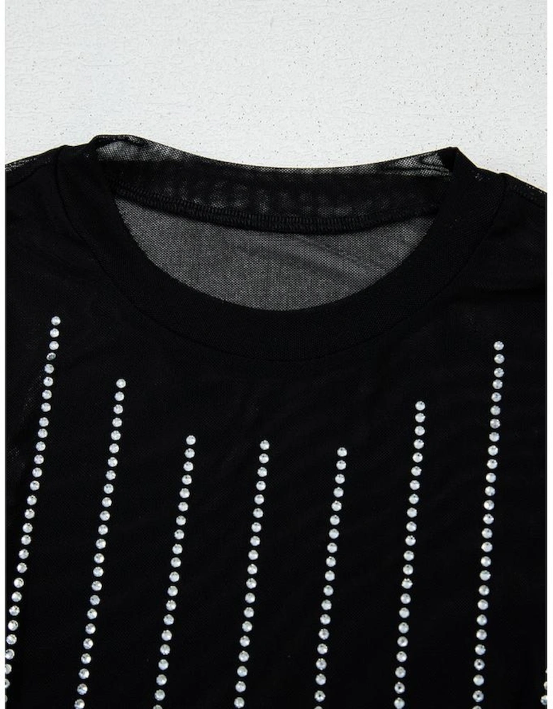 Black Rhinestone Decor Striped Mesh Long Sleeve Bodysuit