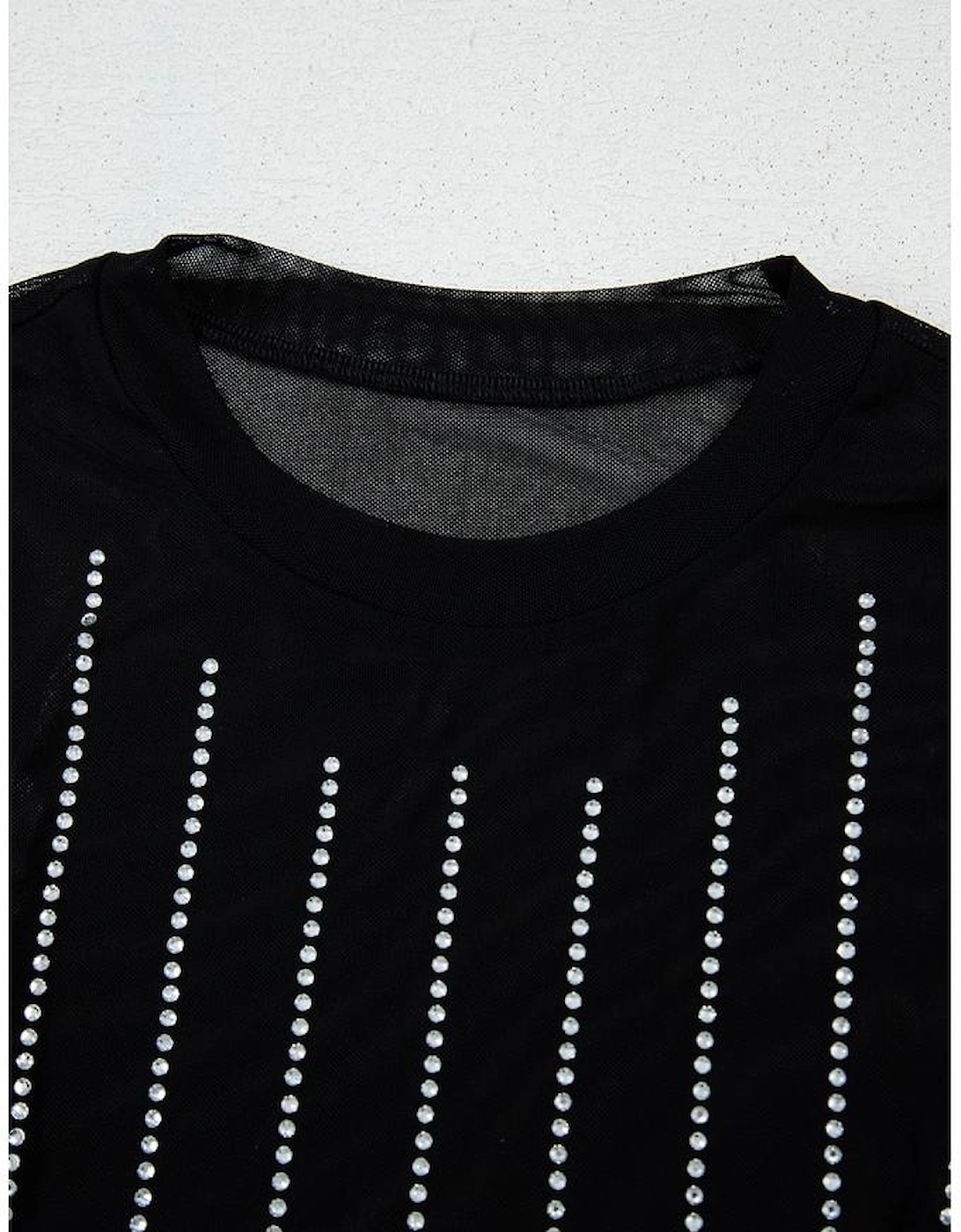 Black Rhinestone Decor Striped Mesh Long Sleeve Bodysuit