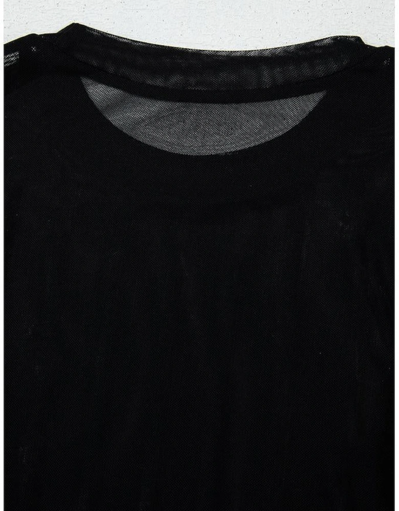 Black Rhinestone Decor Striped Mesh Long Sleeve Bodysuit