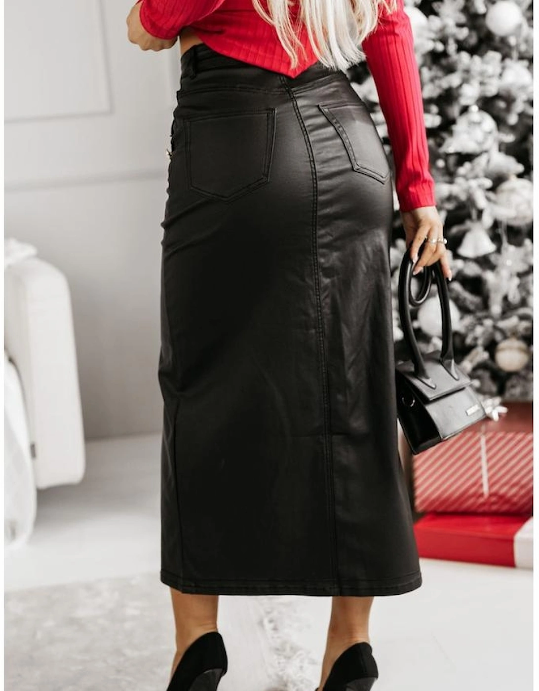 Black Split Front High Waist Slim Fit Midi Skirt