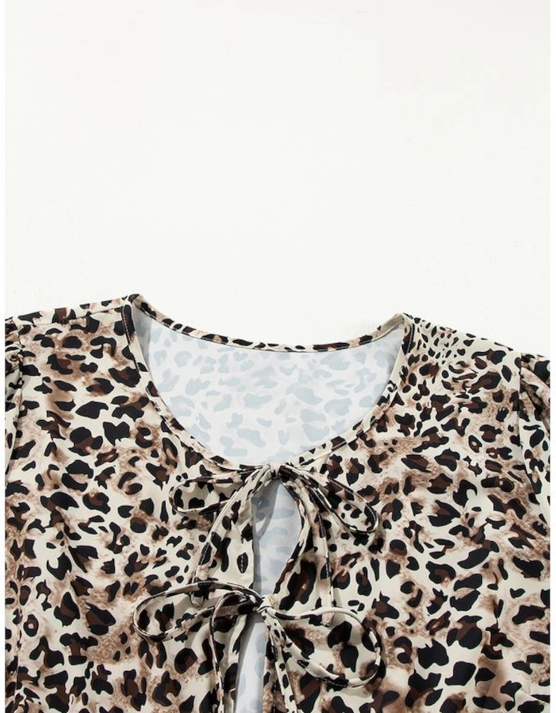 Khaki Leopard Print Lace-up Ruffled 3/4 Sleeve Plus Size Blouse