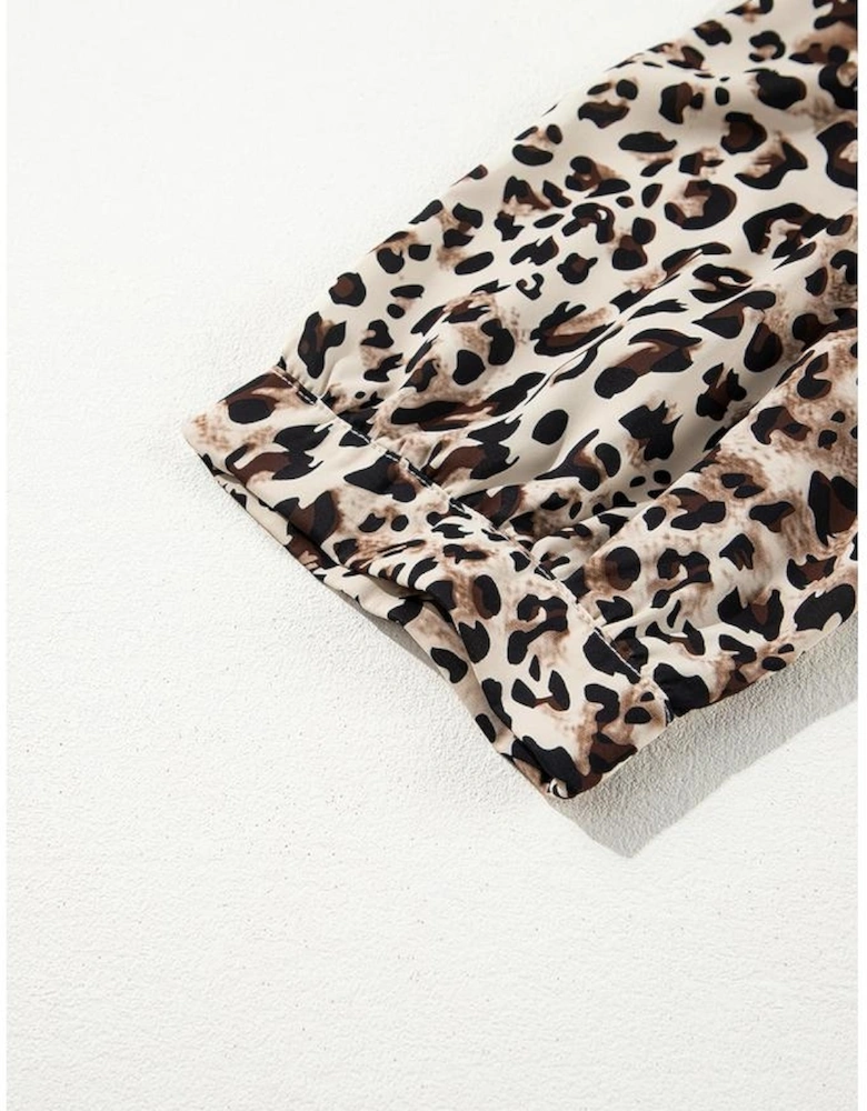 Khaki Leopard Print Lace-up Ruffled 3/4 Sleeve Plus Size Blouse