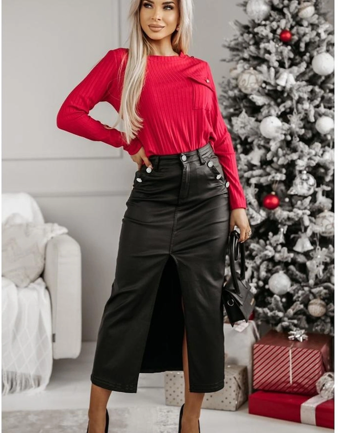 Black Split Front High Waist Slim Fit Midi Skirt