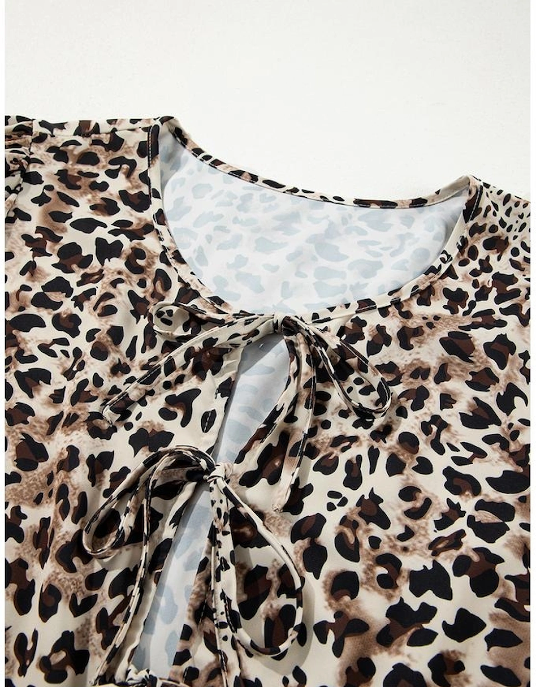 Khaki Leopard Print Lace-up Ruffled 3/4 Sleeve Plus Size Blouse, 11 of 10