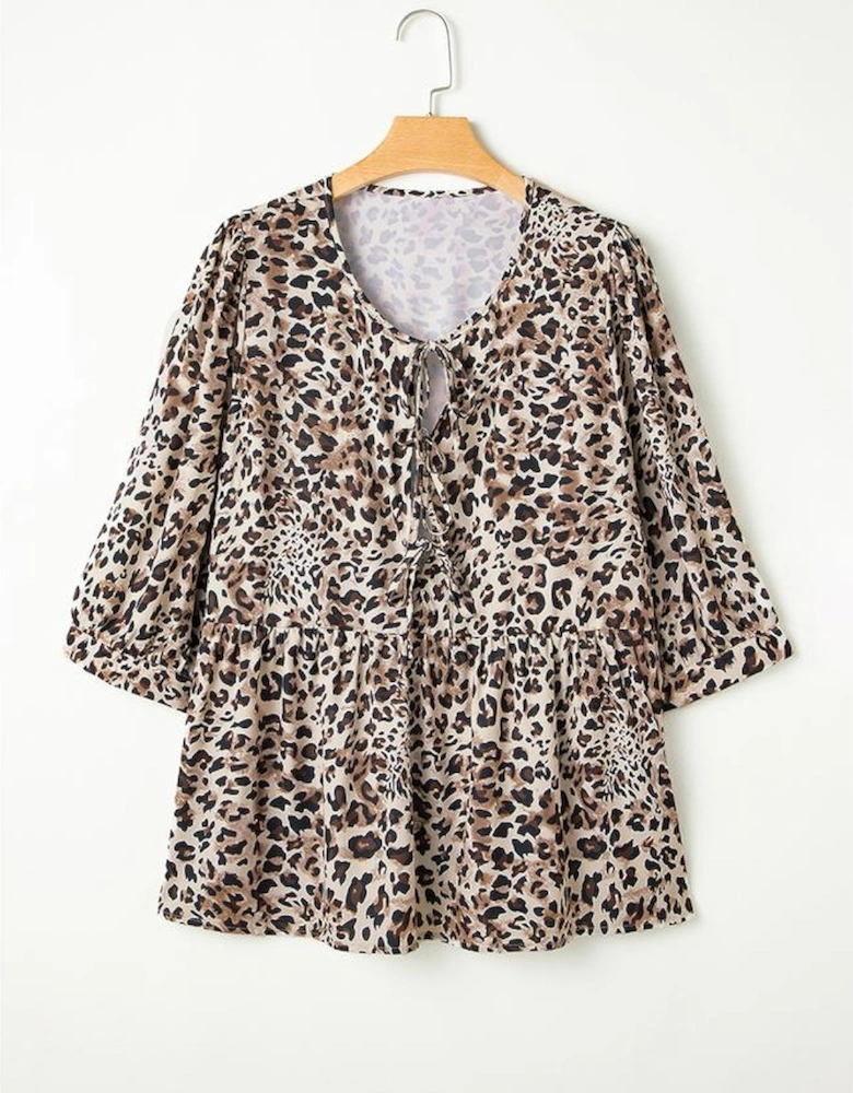 Khaki Leopard Print Lace-up Ruffled 3/4 Sleeve Plus Size Blouse