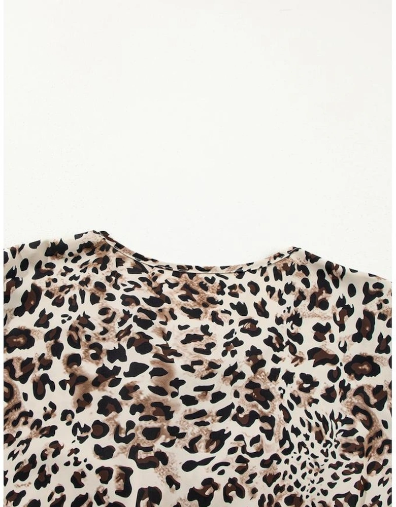 Khaki Leopard Print Lace-up Ruffled 3/4 Sleeve Plus Size Blouse