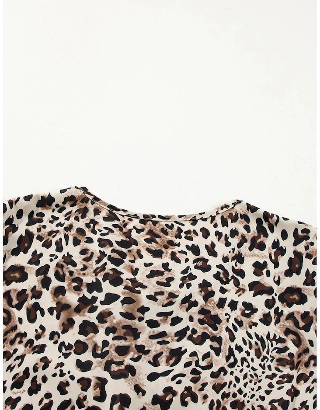 Khaki Leopard Print Lace-up Ruffled 3/4 Sleeve Plus Size Blouse