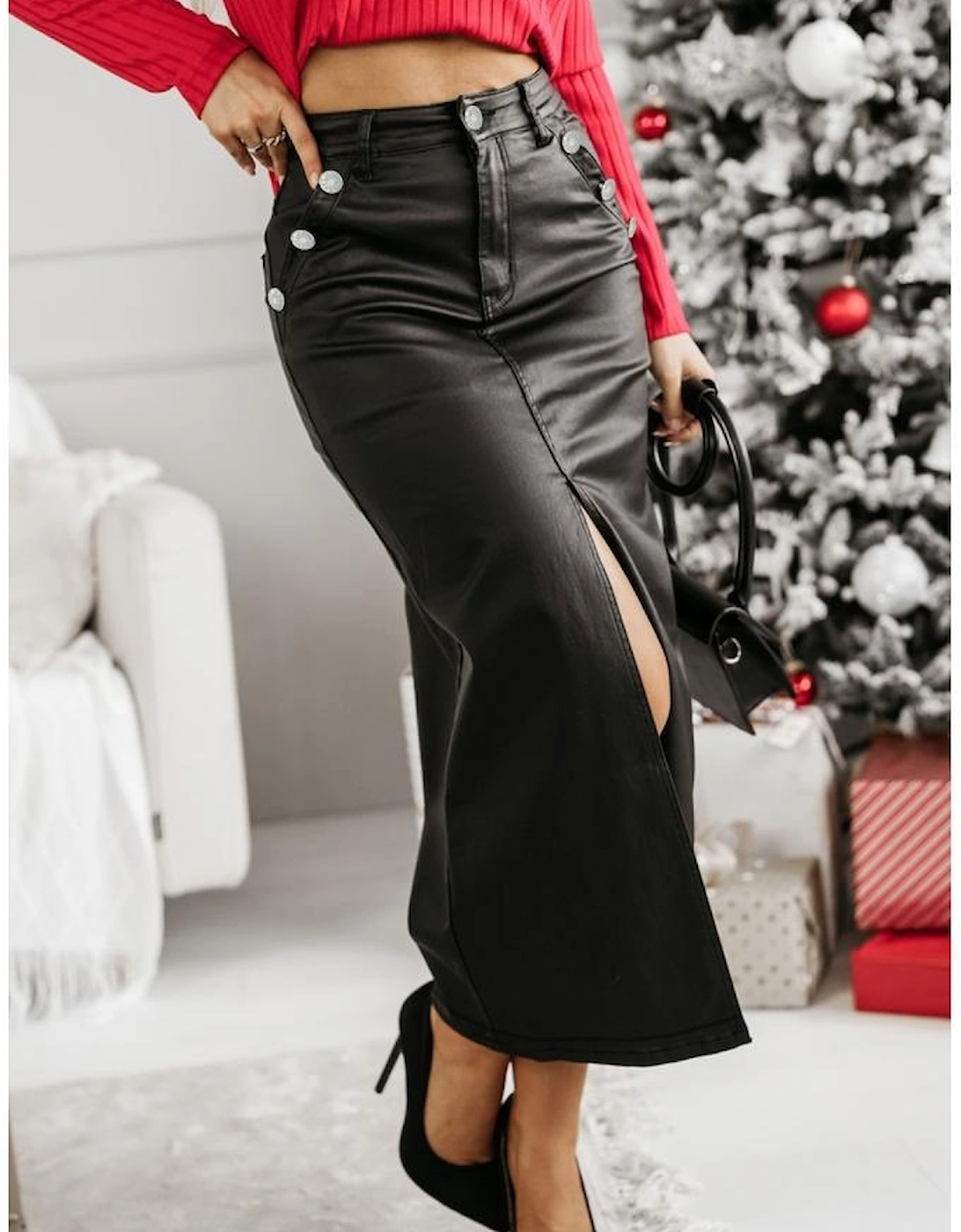 Black Split Front High Waist Slim Fit Midi Skirt