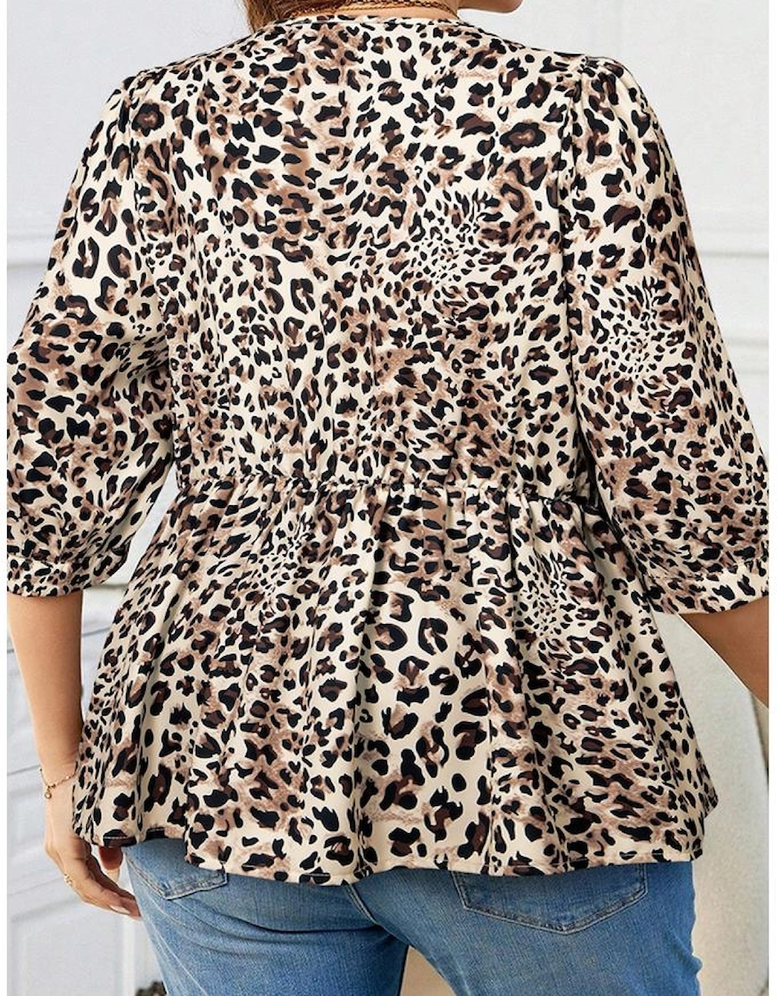Khaki Leopard Print Lace-up Ruffled 3/4 Sleeve Plus Size Blouse