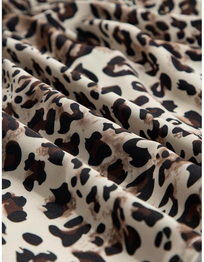 Khaki Leopard Print Lace-up Ruffled 3/4 Sleeve Plus Size Blouse