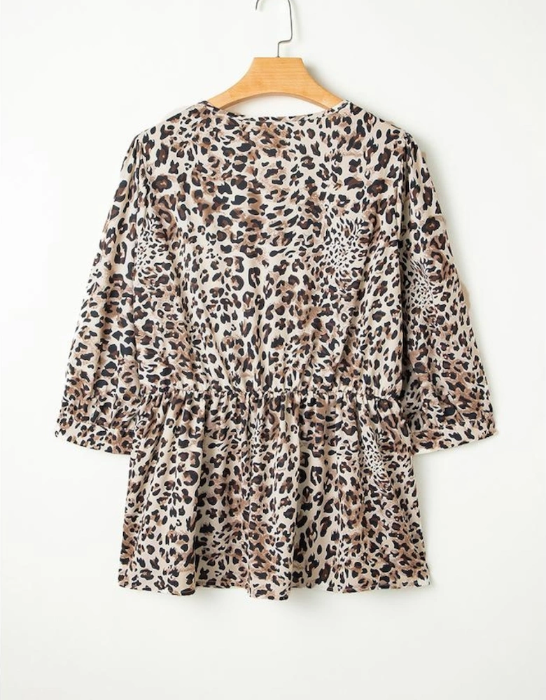 Khaki Leopard Print Lace-up Ruffled 3/4 Sleeve Plus Size Blouse